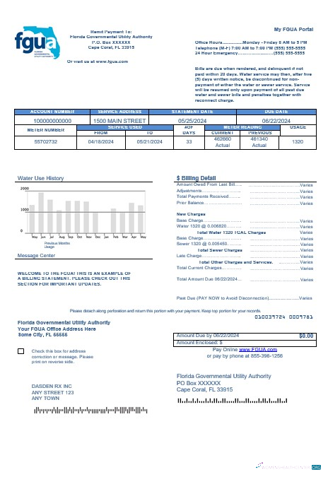 Download USA Florida FGUA business utility bill template in Word and PDF formats Photoshop template
